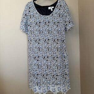 White lace over navy blue knee length dress sz14